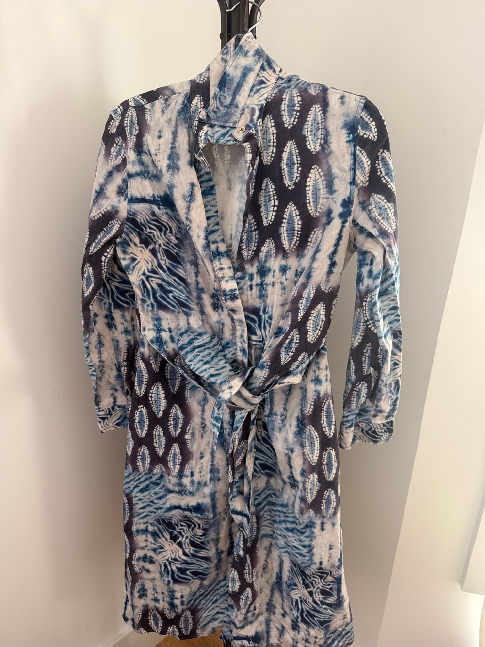 Blue & White Tie-Dye Long Sleeve Swim Coverup with Belt